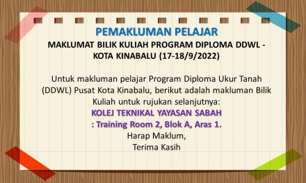 MAKLUMAT BILIK KULIAH program diploma ddwl – kota kinabalu (17-18/9/2022)