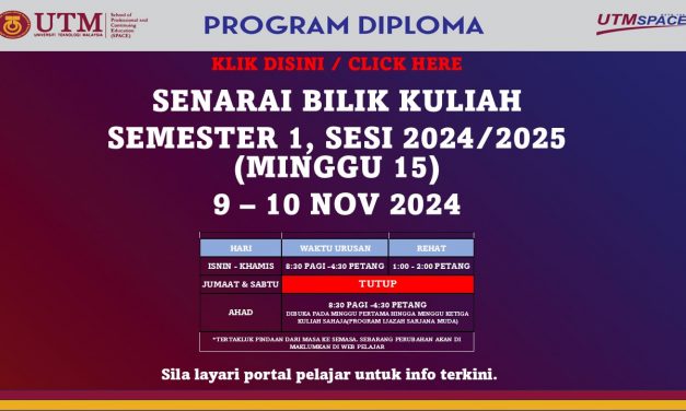 SENARAI BILIK KULIAH SEMESTER 1, SESI 2024/2025, DIPLOMA 9 – 10 NOV 2024 – PUSAT KUALA LUMPUR