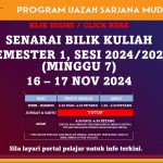 SENARAI BILIK KULIAH SEMESTER 1, SESI 2024/2025, IJAZAH SARJANA MUDA ( 16 – 17 NOV 2024) – PUSAT KUALA LUMPUR