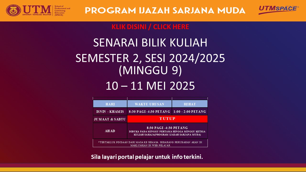 SENARAI BILIK KULIAH SEMESTER 2, SESI 2024/2025, IJAZAH SARJANA MUDA ( 10 -11 MEI 2025) – PUSAT KUALA LUMPUR