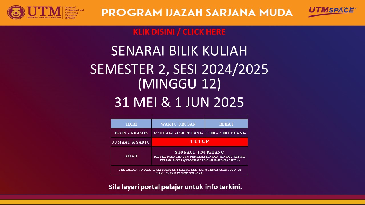 SENARAI BILIK KULIAH SEMESTER 2, SESI 2024/2025, IJAZAH SARJANA MUDA ( 31 MEI & 1 JUN 2025) – PUSAT KUALA LUMPUR