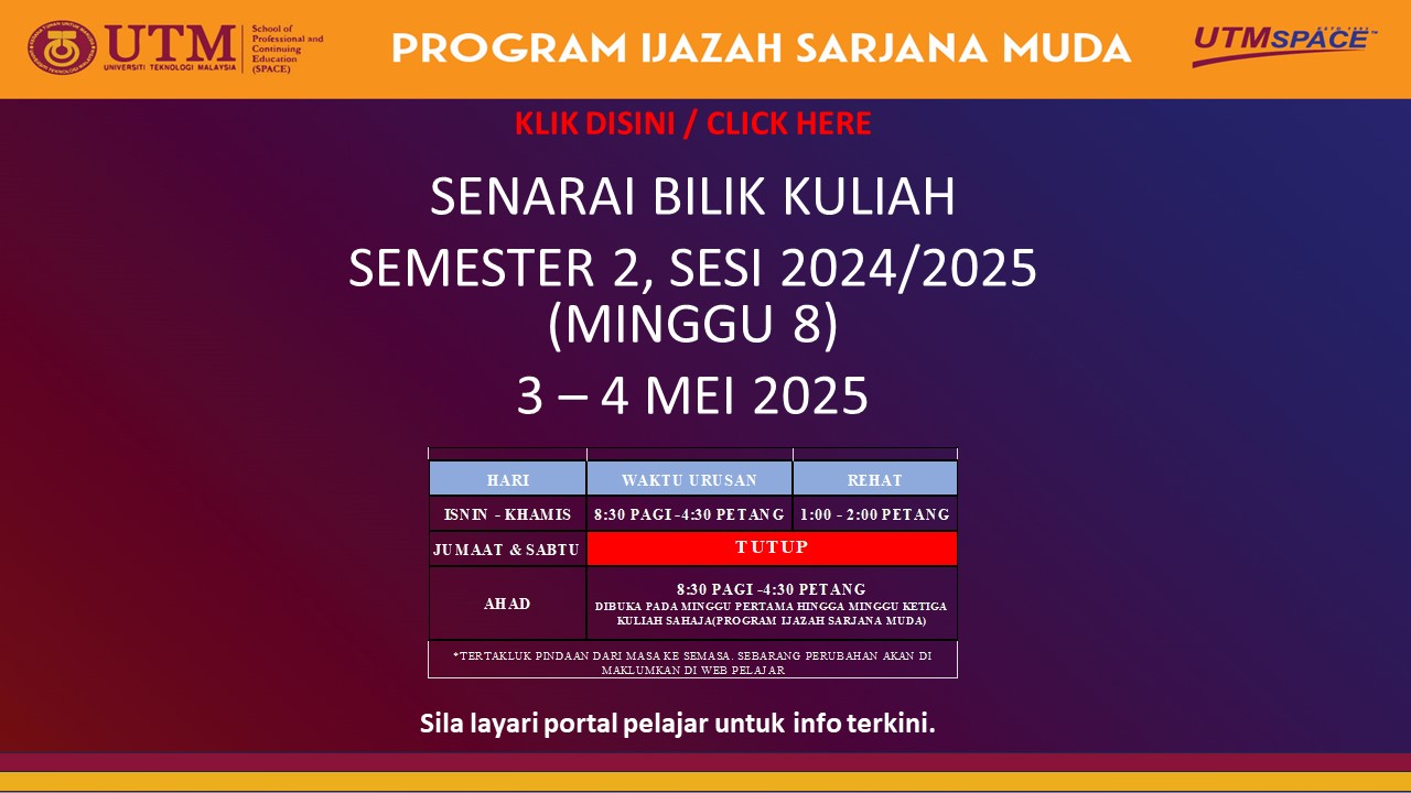 SENARAI BILIK KULIAH SEMESTER 2, SESI 2024/2025, IJAZAH SARJANA MUDA ( 3 -4 MEI 2025) – PUSAT KUALA LUMPUR