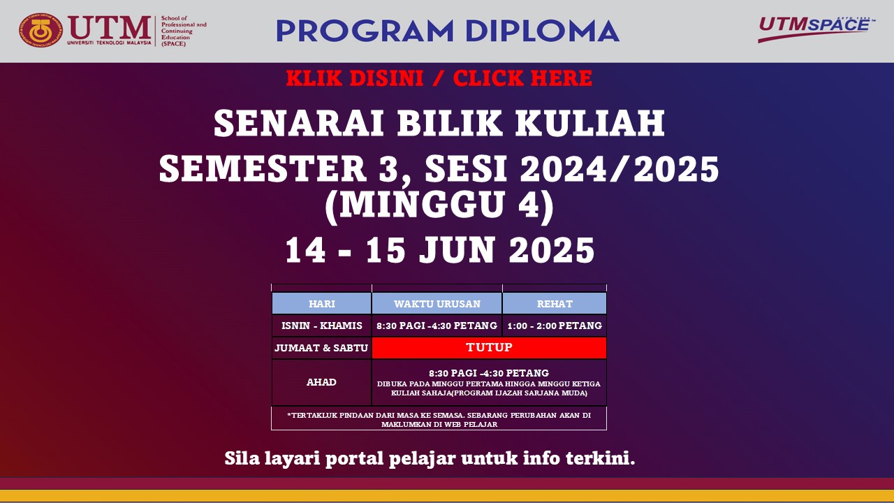 SENARAI BILIK KULIAH SEMESTER 2, SESI 2024/2025, DIPLOMA 14 – 15 JUN 2025 – PUSAT KUALA LUMPUR