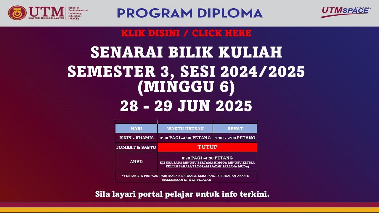 SENARAI BILIK KULIAH SEMESTER 3, SESI 2024/2025, DIPLOMA 21 – 22 JUN 2025 – PUSAT KUALA LUMPUR