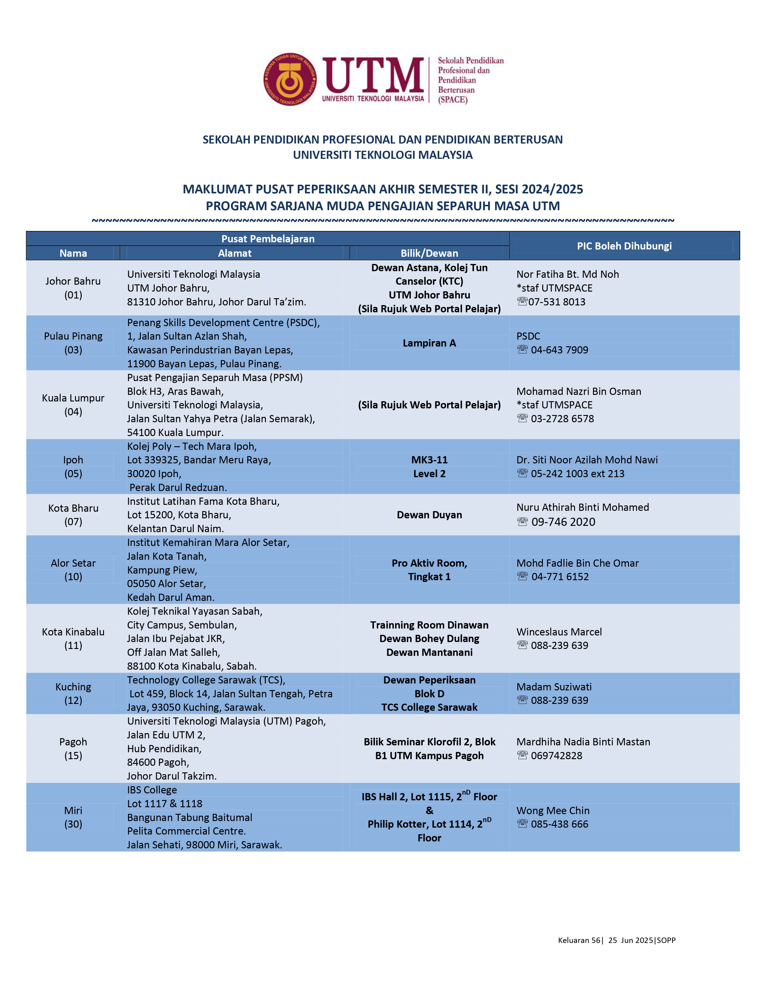 MAKLUMAT PUSAT PEPERIKSAAN AKHIR SEMESTER II, SESI 2024/2025 PROGRAM SARJANA MUDA PENGAJIAN SEPARUH MASA UTM