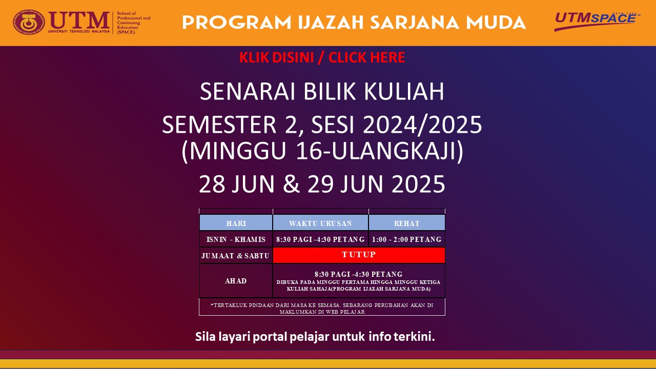 SENARAI BILIK KULIAH SEMESTER 2, SESI 2024/2025, IJAZAH SARJANA MUDA ( 28 JUN & 29 JUN 2025) – PUSAT KUALA LUMPUR