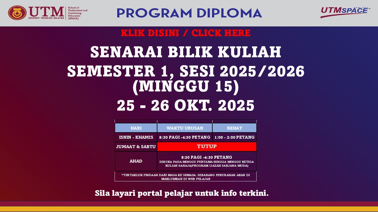 SENARAI BILIK KULIAH SEMESTER 1, SESI 2025/2026, DIPLOMA 25 – 26 OKTOBER 2025 – PUSAT KUALA LUMPUR