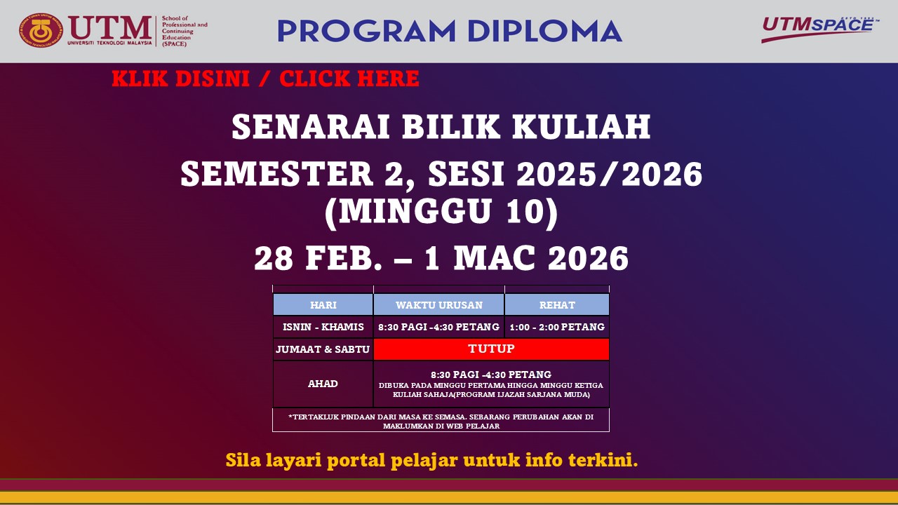 SENARAI BILIK KULIAH SEMESTER 2, SESI 2025/2026, DIPLOMA 28 FEBRUARI – 1 MAC 2026 – PUSAT KUALA LUMPUR