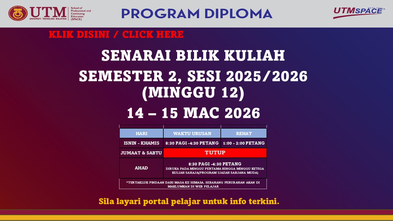 SENARAI BILIK KULIAH SEMESTER 2, SESI 2025/2026, DIPLOMA 14 – 15 MAC 2026 – PUSAT KUALA LUMPUR