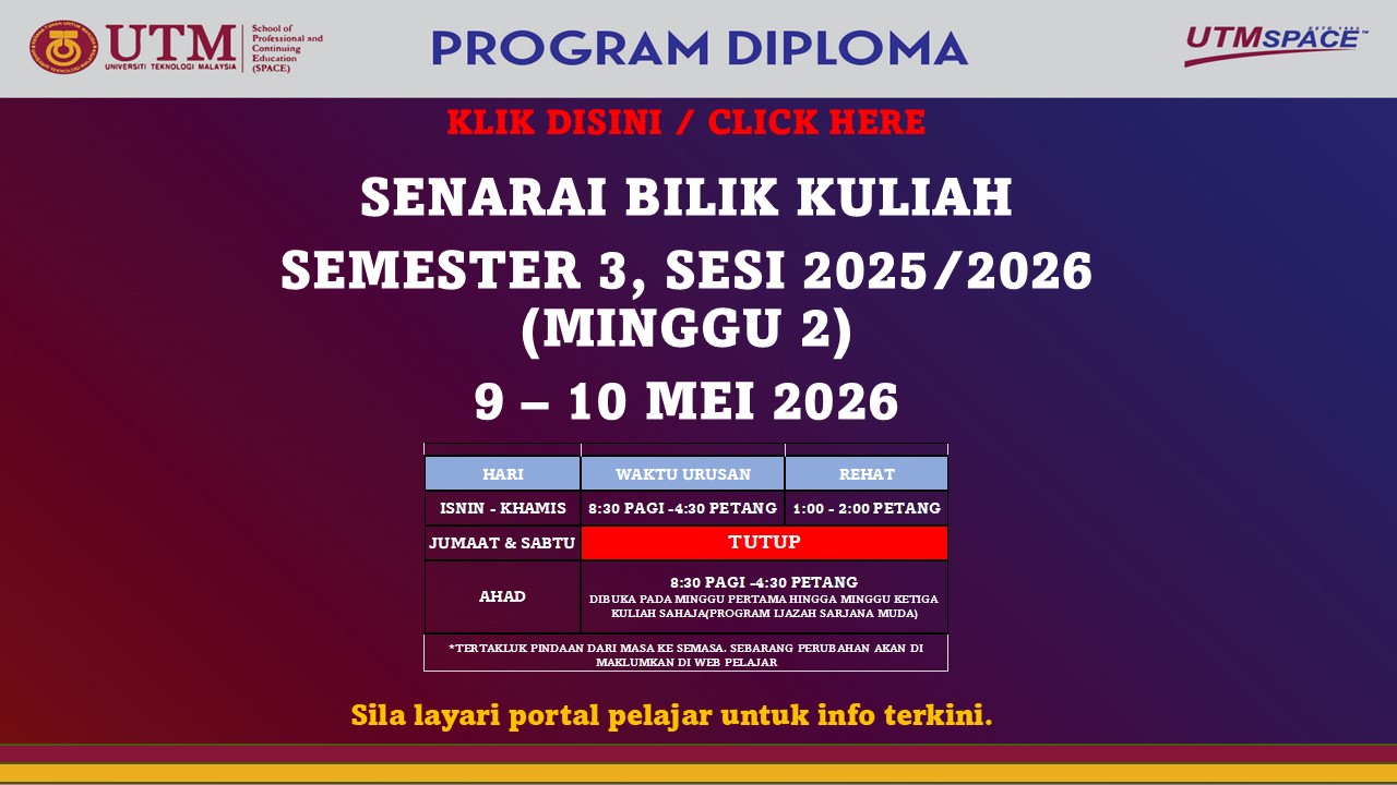 SENARAI BILIK KULIAH SEMESTER 3, SESI 2025/2026, DIPLOMA 9 – 10 MEI 2026 – PUSAT KUALA LUMPUR