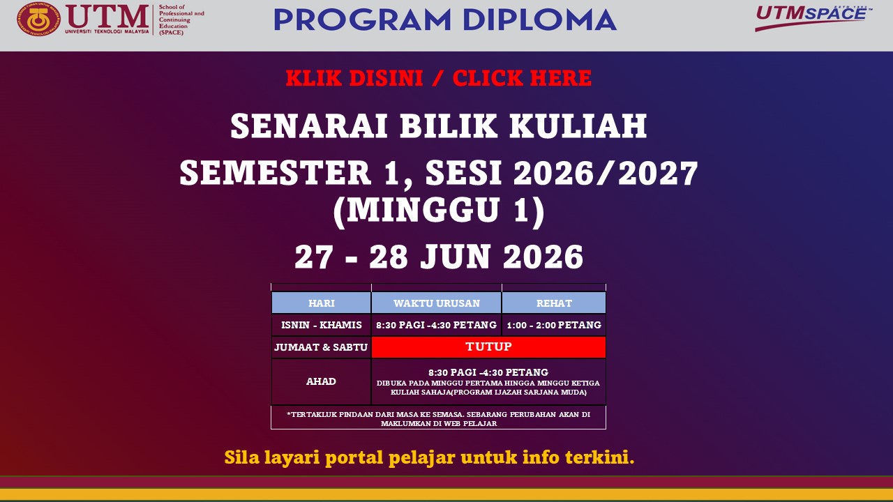 SENARAI BILIK KULIAH SEMESTER 1, SESI 2026/2027, DIPLOMA 27 -28 JUN 2026 – PUSAT KUALA LUMPUR