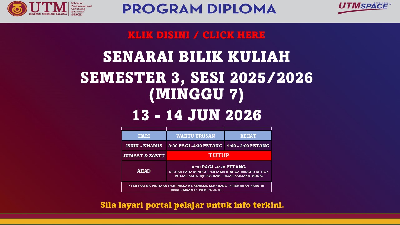 SENARAI BILIK KULIAH SEMESTER 3, SESI 2025/2026, DIPLOMA 13 -14 JUN 2026 – PUSAT KUALA LUMPUR