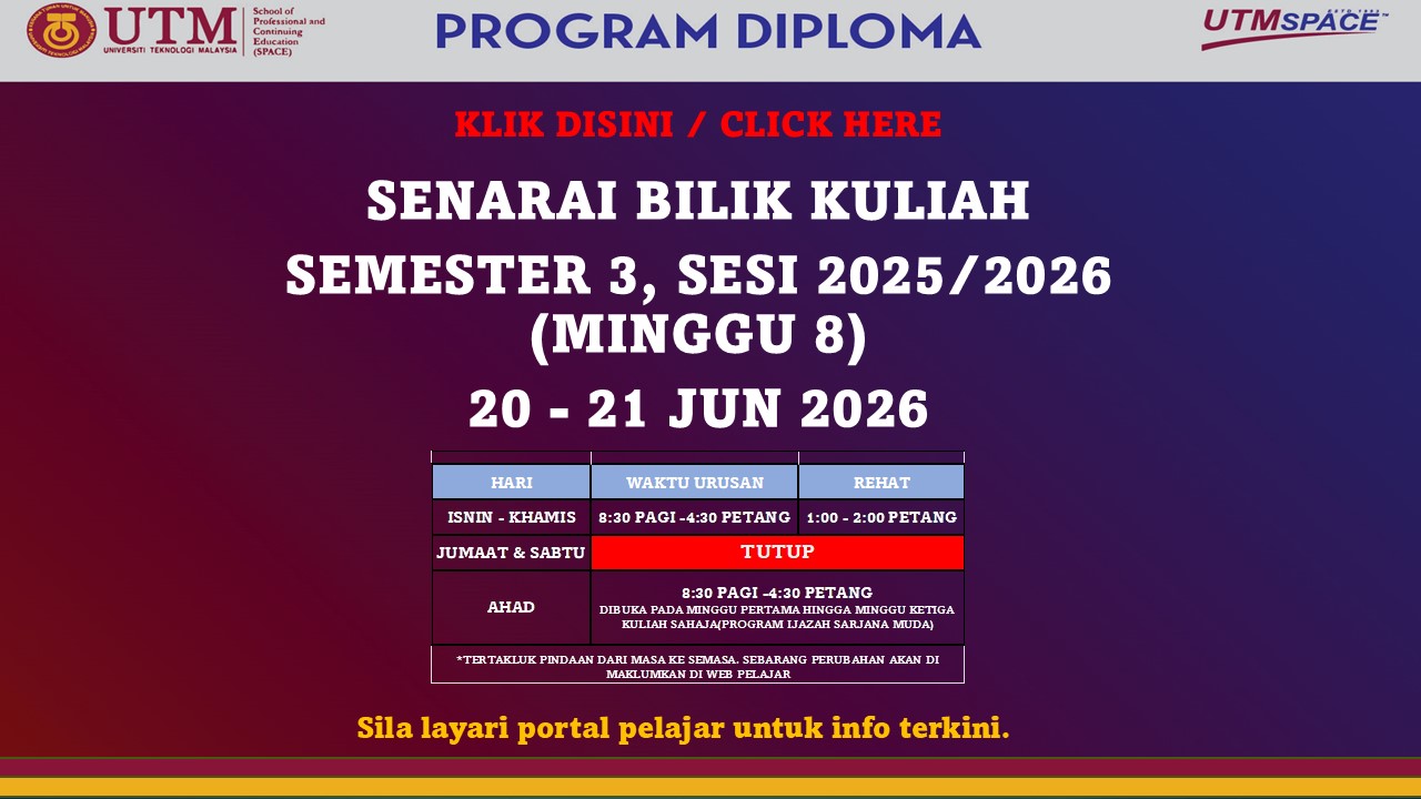 SENARAI BILIK KULIAH SEMESTER 3, SESI 2025/2026, DIPLOMA 20 -21 JUN 2026 – PUSAT KUALA LUMPUR
