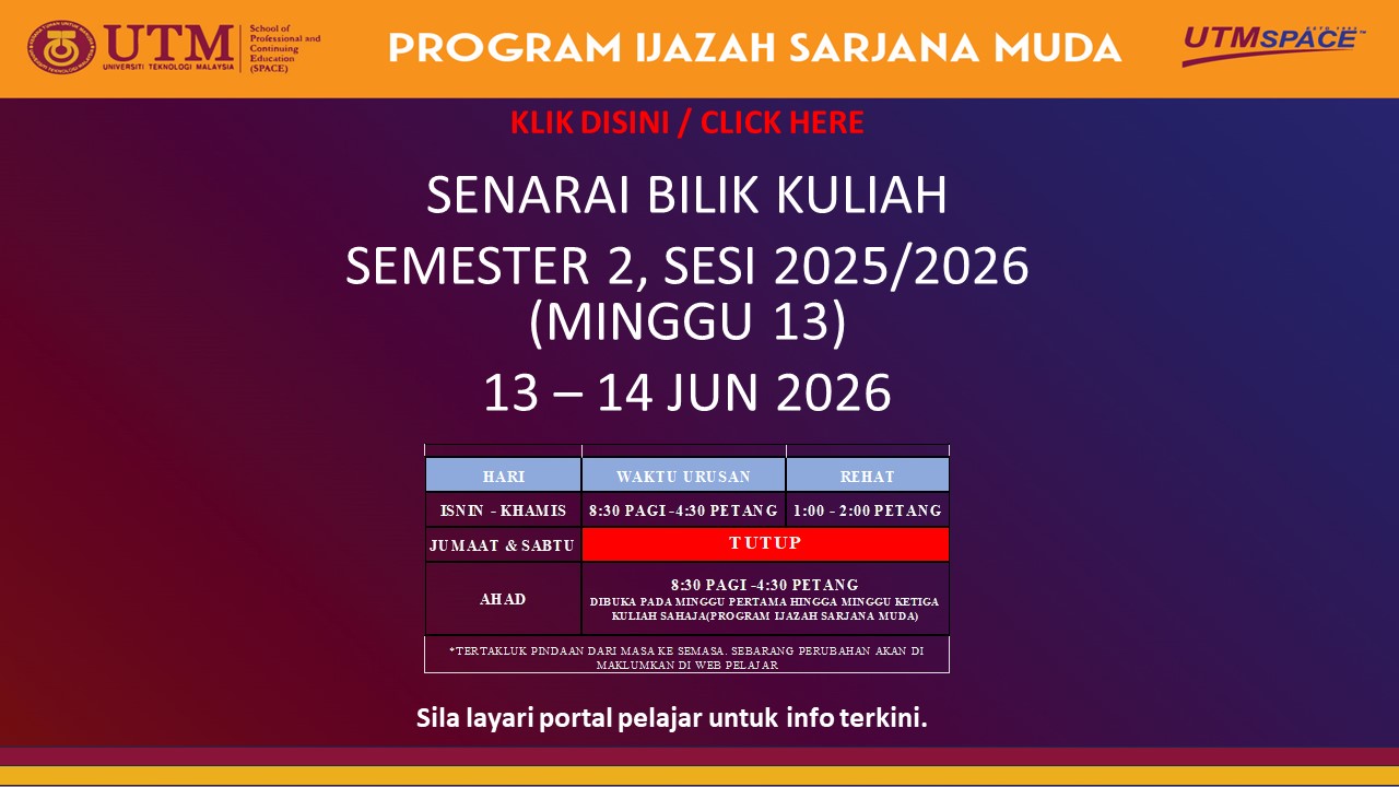 SENARAI BILIK KULIAH SEMESTER 2, SESI 2025/2026, IJAZAH SARJANA MUDA (13 – 14 JUN 2026) – PUSAT KUALA LUMPUR