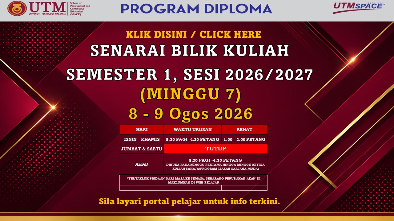 SENARAI BILIK KULIAH SEMESTER 1, SESI 2026/2027, DIPLOMA 8-9 OGOS 2026 – PUSAT KUALA LUMPUR