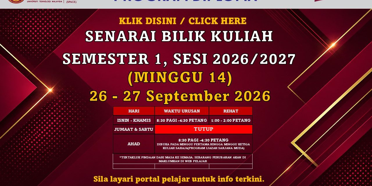 SENARAI BILIK KULIAH SEMESTER 1, SESI 2026/2027, DIPLOMA 26 -27 SEPT 2026 – PUSAT KUALA LUMPUR