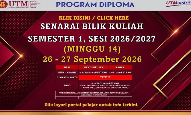 SENARAI BILIK KULIAH SEMESTER 1, SESI 2026/2027, DIPLOMA 26 -27 SEPT 2026 – PUSAT KUALA LUMPUR